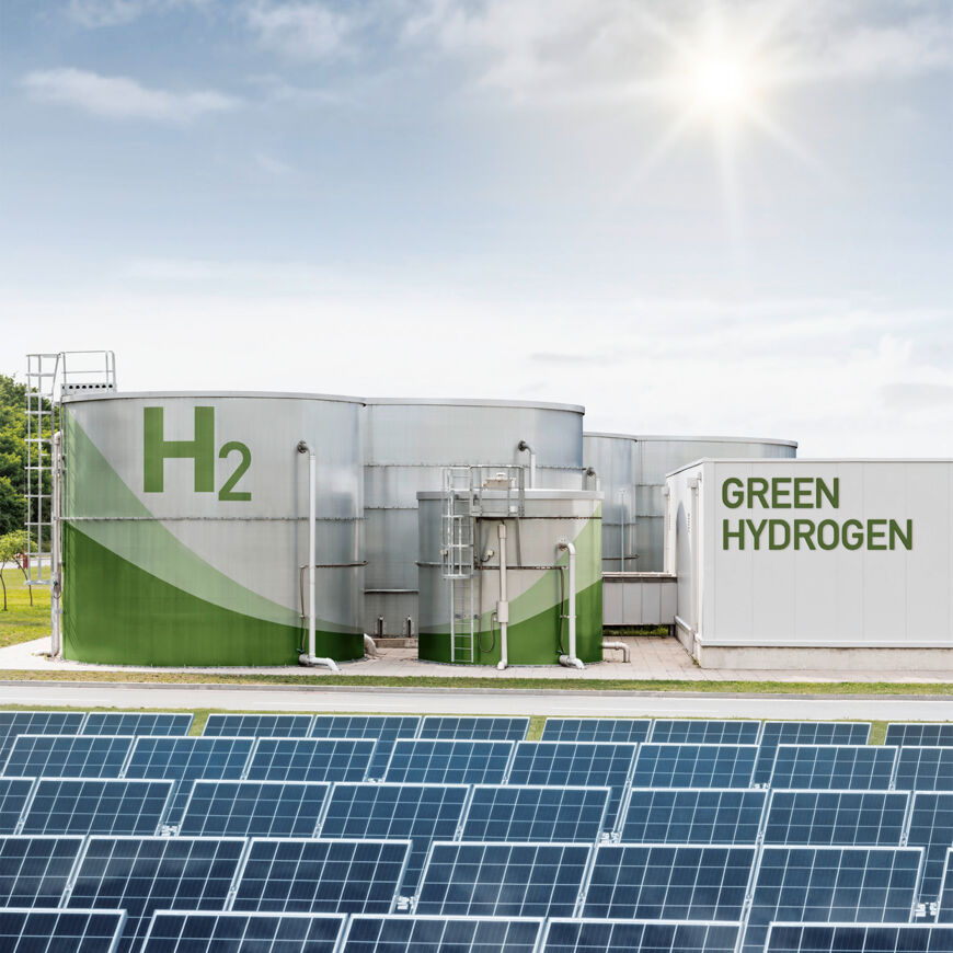 Green hydrogen is an ideal clean and storable energy source for the energy transition. It can store surplus wind and solar power for weeks and months, making it available during periods of low wind and little sunshine. AdobeStock_587370435_bearb_web